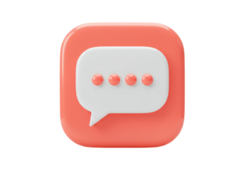 Isolated 3D render of message bubble with typing indicator on coral rounded square icon