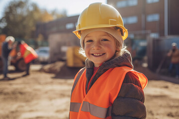 Portrait of a child construction worker wearing hard hat. Generative ai.