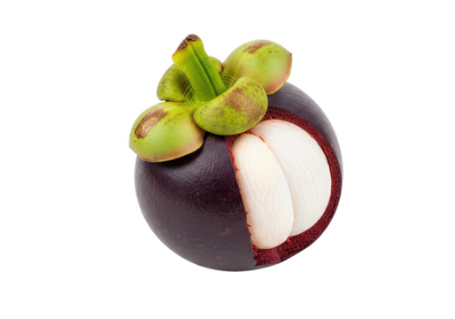 Freshly cut mangosteen fruit showcasing its juicy white flesh and vibrant purple rind on display