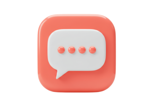 Isolated 3D render of message bubble with typing indicator on coral rounded square icon