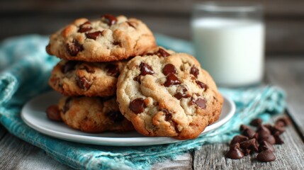 A tempting display of freshly baked chocolate chip cookies stacked on a plate beside a glass of milk, evoking feelings of comfort and the joy of indulgent treats.