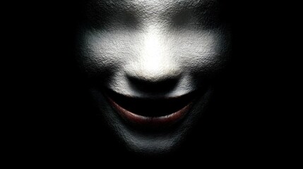 Eerie close-up of a sinister smiling face in darkness