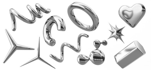 Chrome y2k abstract shapes 3d render icon set. Silver sparkle inflatable heart, star, spiral line, ring, hexagon. Liquid metal metaball of steel or mercury. Retro futuristic objects