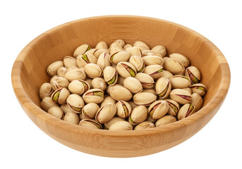 Isolated pistachios in a wooden bowl, a delicious snack to enjoy and share with friends