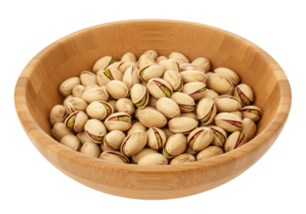 Isolated pistachios in a wooden bowl, a delicious snack to enjoy and share with friends