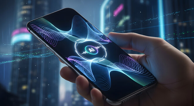 A hand using a mobile app to control a smart home, with a security eye icon on the screen.