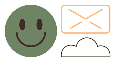 Green happy face, orange email envelope, black-outlined cloud. Ideal for digital communication, cloud storage, online messaging, positivity, feedback, email security simple flat metaphor