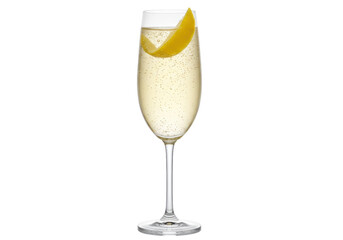 Isolated sparkling flute glass filled with celebratory drink and lemon rind cocktail garnish