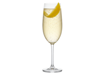 Isolated sparkling flute glass filled with celebratory drink and lemon rind cocktail garnish