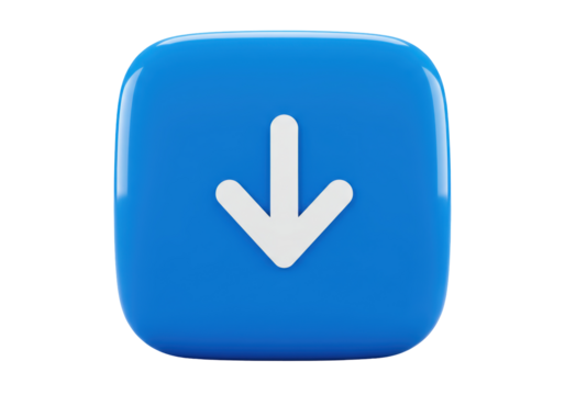 Isolated glossy blue rounded square icon with down arrow for download or internet usage