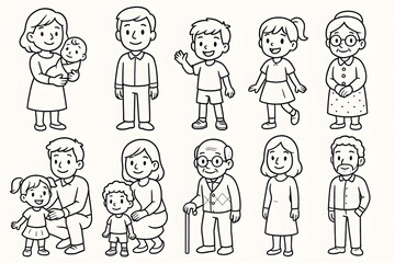 Diverse Family Portrait: A collection of family members, sketched in a charming artistic style, representing a spectrum of ages, family dynamic, and expressions.