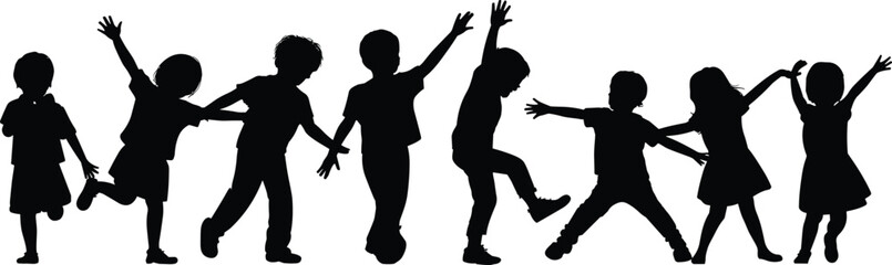 Silhouette of happy children playing together, group of kids dancing, jumping, having fun, friendship, childhood joy, isolated on white background