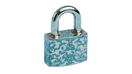 Ornate teal padlock isolated on white background