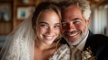 A bright and cheerful bride smiles with her father, both radiating happiness, captured in a warm, intimate moment that reflects love and family during a wedding celebration.