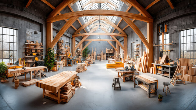 Panoramic wide-angle shot, multiple carpenters working in industrial workshop, sawing, sanding, assembling wooden furniture - Powered by Adobe