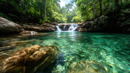 A breathtaking view of a serene waterfall cascading into a crystal-clear pool, surrounded by lush greenery, epitomizing the beauty of nature and tranquility in a vibrant landscape.