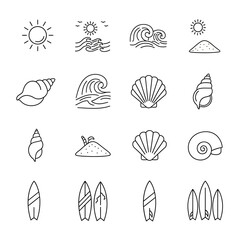 Beach Icons Set - Sun, Waves, Seashells, Sand, Surfboards, Summer Vacation Elements.