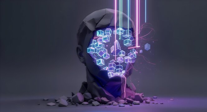 Abstract digital head sculpture with glowing neon lights and geometric fragments bursting, representing artificial intelligence and a fragmented mind.
