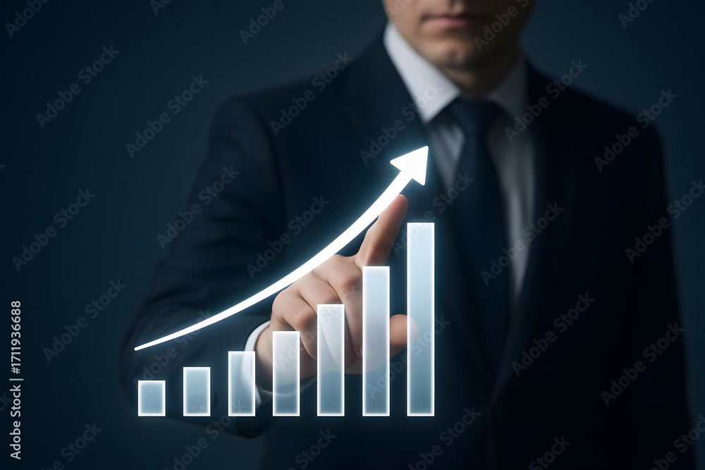 Poster the ascent of success: a sharp-dressed individual uses an upward-pointing arrow to illustrate busine