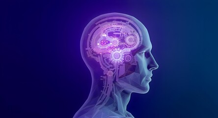 Obraz premium Translucent human head profile with glowing purple gears and intricate circuits, symbolizing AI, brain function, and digital consciousness.
