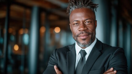 A dapper man in a well-fitted suit displays confidence with a subtle smile in a stylish industrial setting, emphasizing professionalism and contemporary fashion aesthetics.