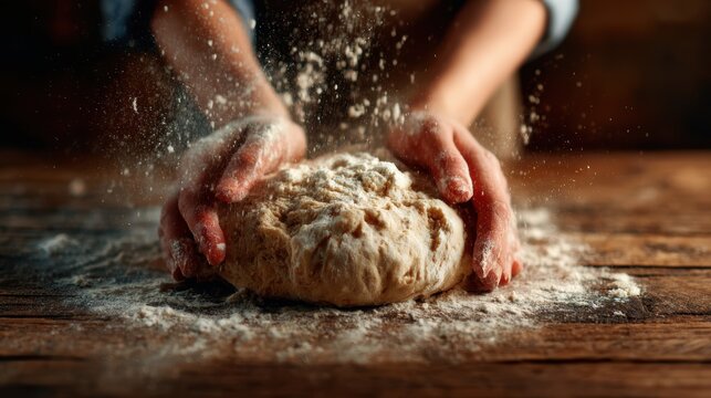 A pair of hands kneads bread dough on a rustic wooden surface, with flour dust gently floating in the air, embodying the joy and artistry of baking in a cozy kitchen setting.