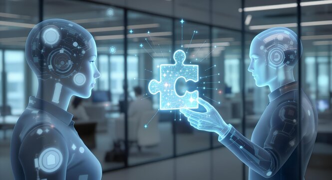 Two holographic humanoid figures exchanging a glowing puzzle piece in a modern office, symbolizing AI collaboration, innovation, and teamwork. - Powered by Adobe