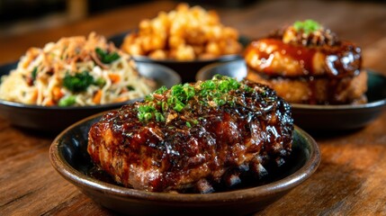 Tempting presentation of barbecue ribs glistening with sauce, accompanied by sides of colorful dishes, ideal for food lovers and culinary enthusiasts seeking new dining experiences.