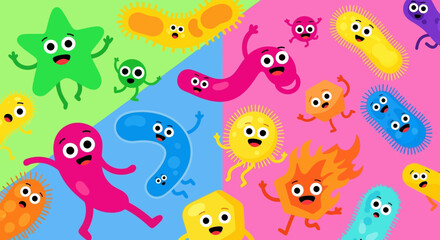 Colorful Cartoon Microbes with Expressive Faces and Varied Shapes.