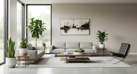 Fototapeta premium Bright Modern Living Room with Gray Sofa Plants and Abstract Art on Beige Wall Minimalist Aesthetic Featuring Natural Light Wooden Accents and White Rug