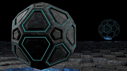 3D rendering of an ancient high tech sphere with glowing light lines hovering over a stylized abstract ground surrounded with ethereal lights