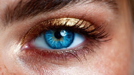 An intimate close-up of a striking blue eye accentuated with shimmering gold makeup, highlighting the intricate details that make human eyes mesmerizing and captivating.