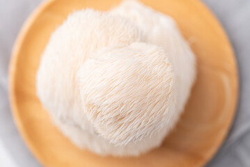 Lion's Mane mushroom or Yamabushitake mushroom on wooden plate