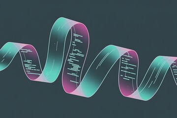 An abstract flowing ribbon with code-like elements in shades of pink and teal against a dark gray background.