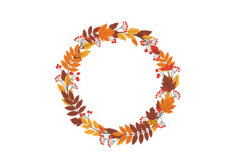 A beautiful circular wreath of colorful autumn leaves and berries adorns the white background.