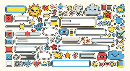 Doodle Style UI Elements Collection with Cute Icons and Speech Bubbles.