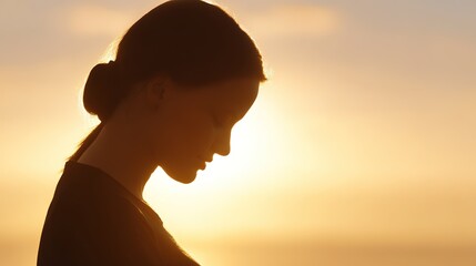 Pregnant woman's silhouette with glowing baby outline against sunset, embodying maternal love and new beginnings