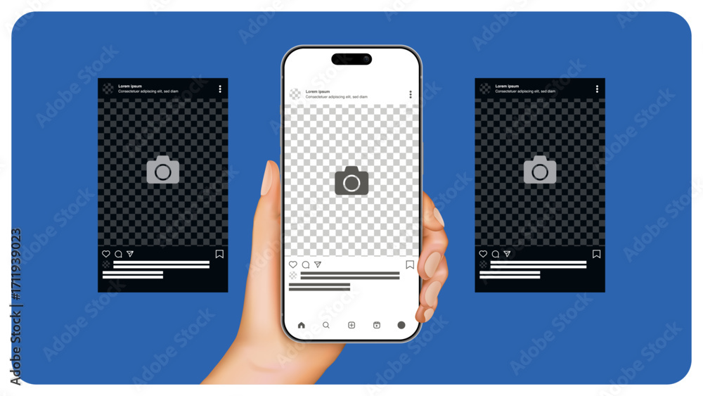 Poster social media post mockup with photo carousel on smartphone. hand holding phone with modern mobile ap