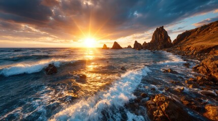 This dramatic image showcases a breathtaking sunset over a rugged coastline, with waves crashing against the rocks, symbolizing the beauty and power of nature at day's end.
