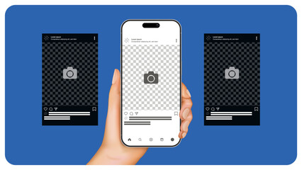Social media post mockup with photo carousel on smartphone. Hand holding phone with modern mobile app interface. Vector illustration of communication and networks.