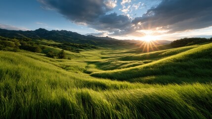 Obraz premium This image captures a breathtaking view of vast green hills illuminated by sunlight during a dramatic sunset, showcasing the beauty of nature in its purest form.