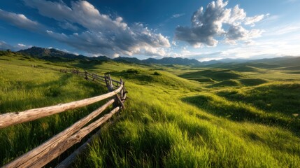 A serene landscape showcasing rolling green hills under a bright blue sky adorned with clouds, bordered by a rustic wooden fence providing a natural boundary.