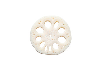 Obraz premium Sliced lotus root showcasing its unique patterns and textures on a plain background