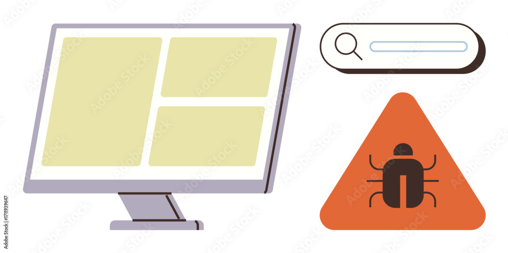 Aufkleber desktop monitor with software windows, search bar at the top, and warning sign featuring a bug. idea