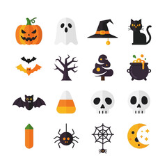 Halloween Icons Collection - Pumpkin, Ghost, Witch Hat, Black Cat, Bat, Tree, Candy Corn, Skull, Cauldron, Spider, Web, Moon.