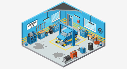 Obraz premium Isometric Car Repair Shop Interior with Vehicle on Lift and Tools.