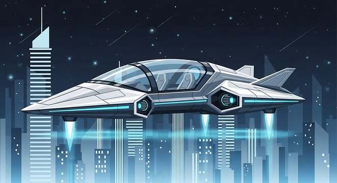 Flying vehicle over city.