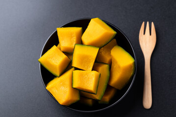 Steamed Japanese pumpkin or Kabocha on plate ready to eating, Healthy food