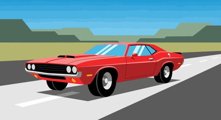 Red 1970s Muscle Car on the Road Illustration.