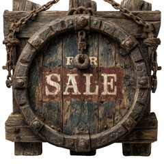Fototapeta premium Circular shield‑style wooden FOR SALE sign (riveted)